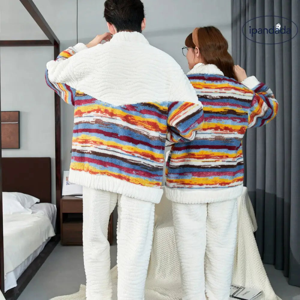 カップル ペア パジャマ モコモコパジャマ お揃い 冬 ルームウェア レディース 虹色 上下セット 男女お揃い メンズ 大きいサイズ 裏起毛 厚手 部屋着 フリース 大人用 前開き 羽織り ペアルック おしゃれ 寝間着 出かける 可愛い