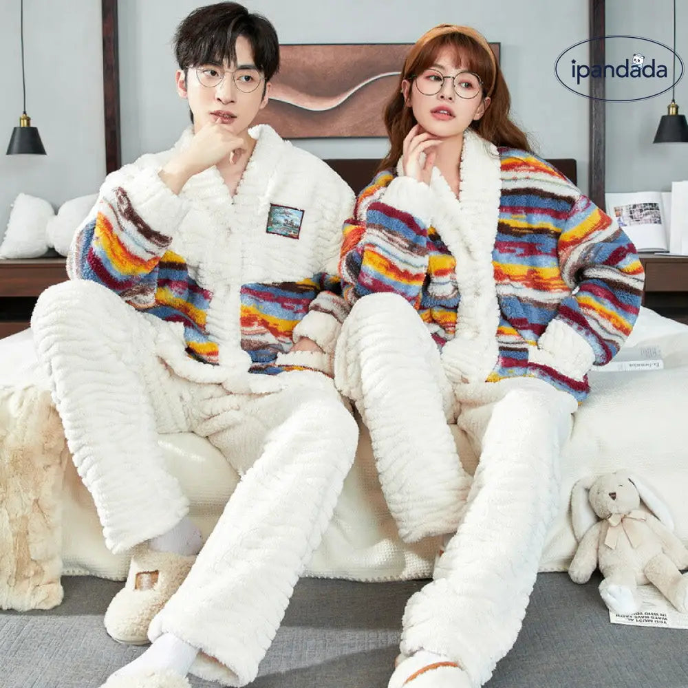 カップル ペア パジャマ モコモコパジャマ お揃い 冬 ルームウェア レディース 虹色 上下セット 男女お揃い メンズ 大きいサイズ 裏起毛 厚手 部屋着 フリース 大人用 前開き 羽織り ペアルック おしゃれ 寝間着 出かける 可愛い