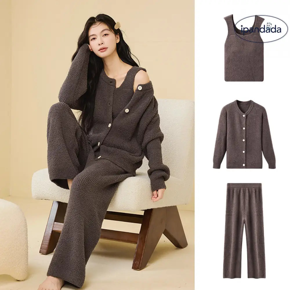 ふわふわ フリース パジャマ 女性用 秋冬 韓国風 エレガント キャミソール 2点セット 3点セット無地 シンプル ルームウェア ID2806