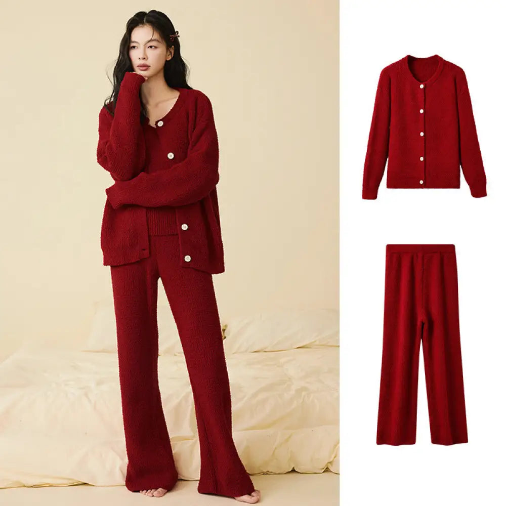 ふわふわ フリース パジャマ 女性用 秋冬 韓国風 エレガント キャミソール 2点セット 3点セット無地 シンプル ルームウェア ID2806 レッド / M / 2点セット