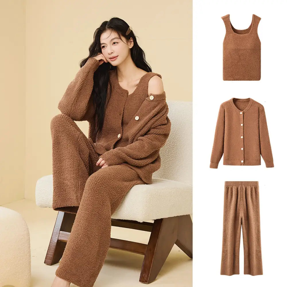 ふわふわ フリース パジャマ 女性用 秋冬 韓国風 エレガント キャミソール 2点セット 3点セット無地 シンプル ルームウェア ID2806 ブラウン / M / 3点セット