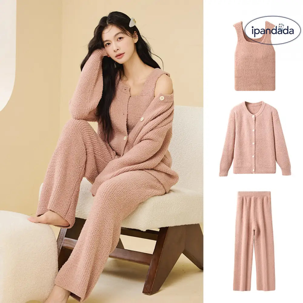ふわふわ フリース パジャマ 女性用 秋冬 韓国風 エレガント キャミソール 2点セット 3点セット無地 シンプル ルームウェア ID2806