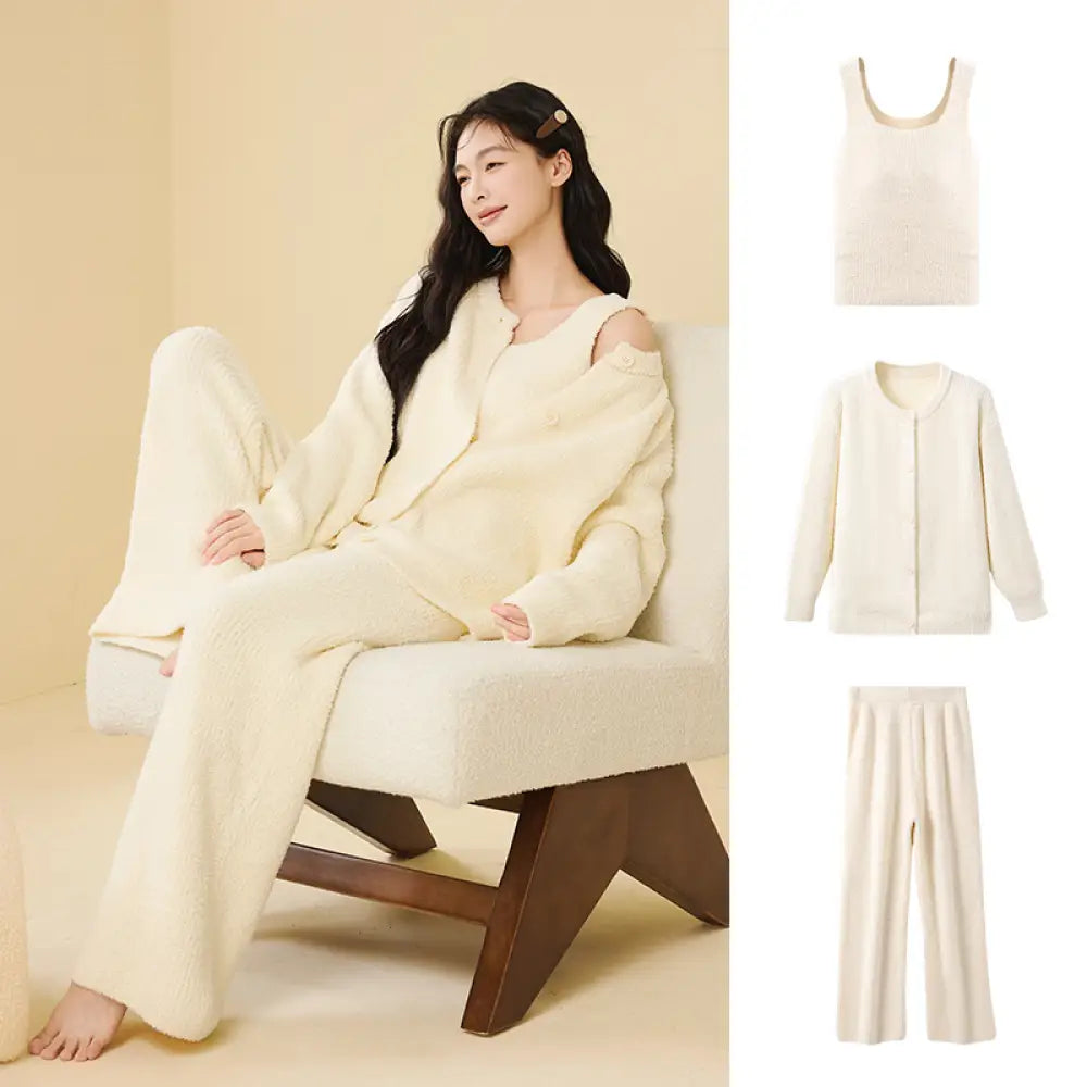 ふわふわ フリース パジャマ 女性用 秋冬 韓国風 エレガント キャミソール 2点セット 3点セット無地 シンプル ルームウェア ID2806 ホワイト / M / 3点セット