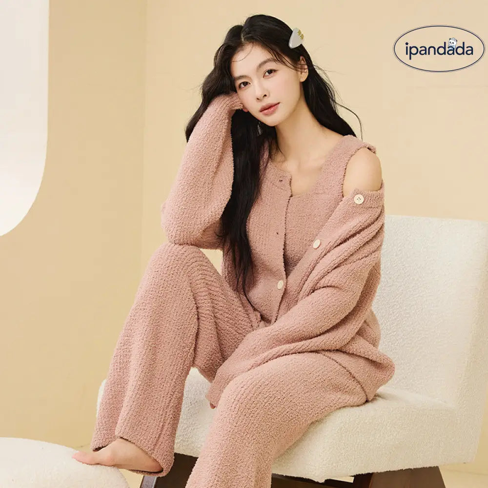 ふわふわ フリース パジャマ 女性用 秋冬 韓国風 エレガント キャミソール 2点セット 3点セット無地 シンプル ルームウェア ID2806