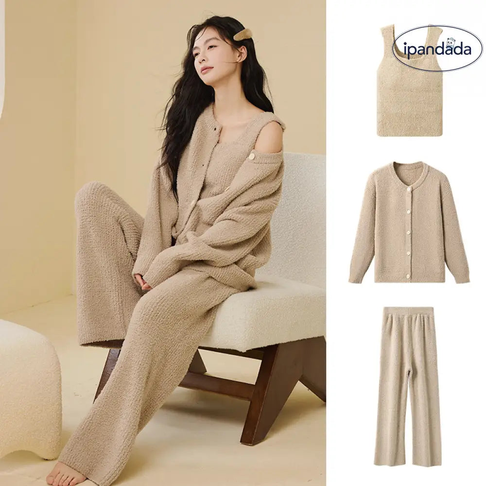 ふわふわ フリース パジャマ 女性用 秋冬 韓国風 エレガント キャミソール 2点セット 3点セット無地 シンプル ルームウェア ID2806