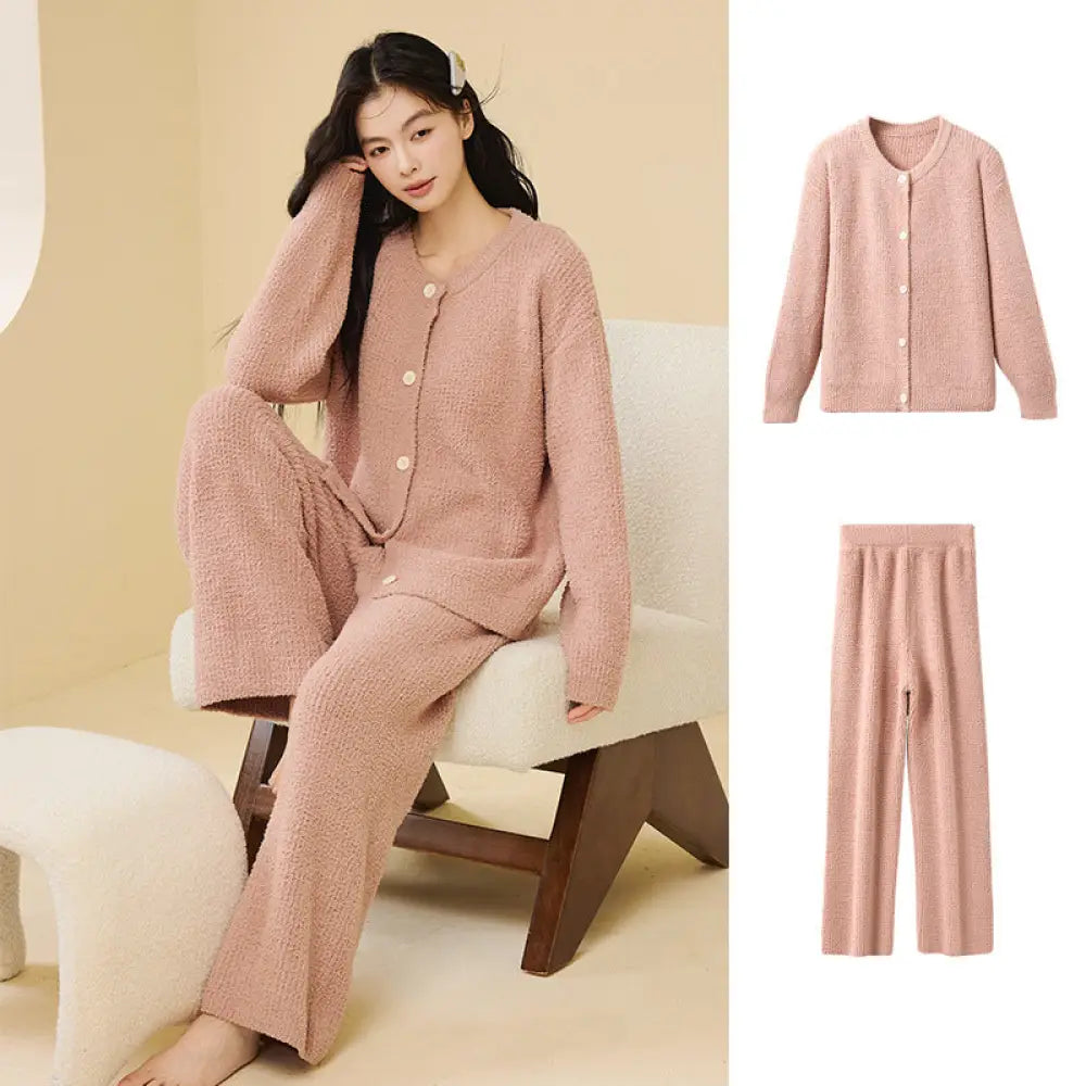 ふわふわ フリース パジャマ 女性用 秋冬 韓国風 エレガント キャミソール 2点セット 3点セット無地 シンプル ルームウェア ID2806 ピンク / M / 2点セット