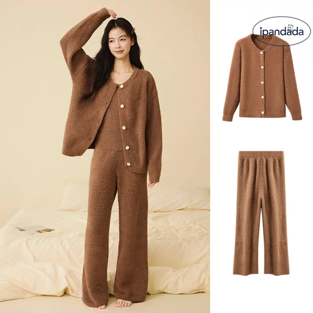 ふわふわ フリース パジャマ 女性用 秋冬 韓国風 エレガント キャミソール 2点セット 3点セット無地 シンプル ルームウェア ID2806