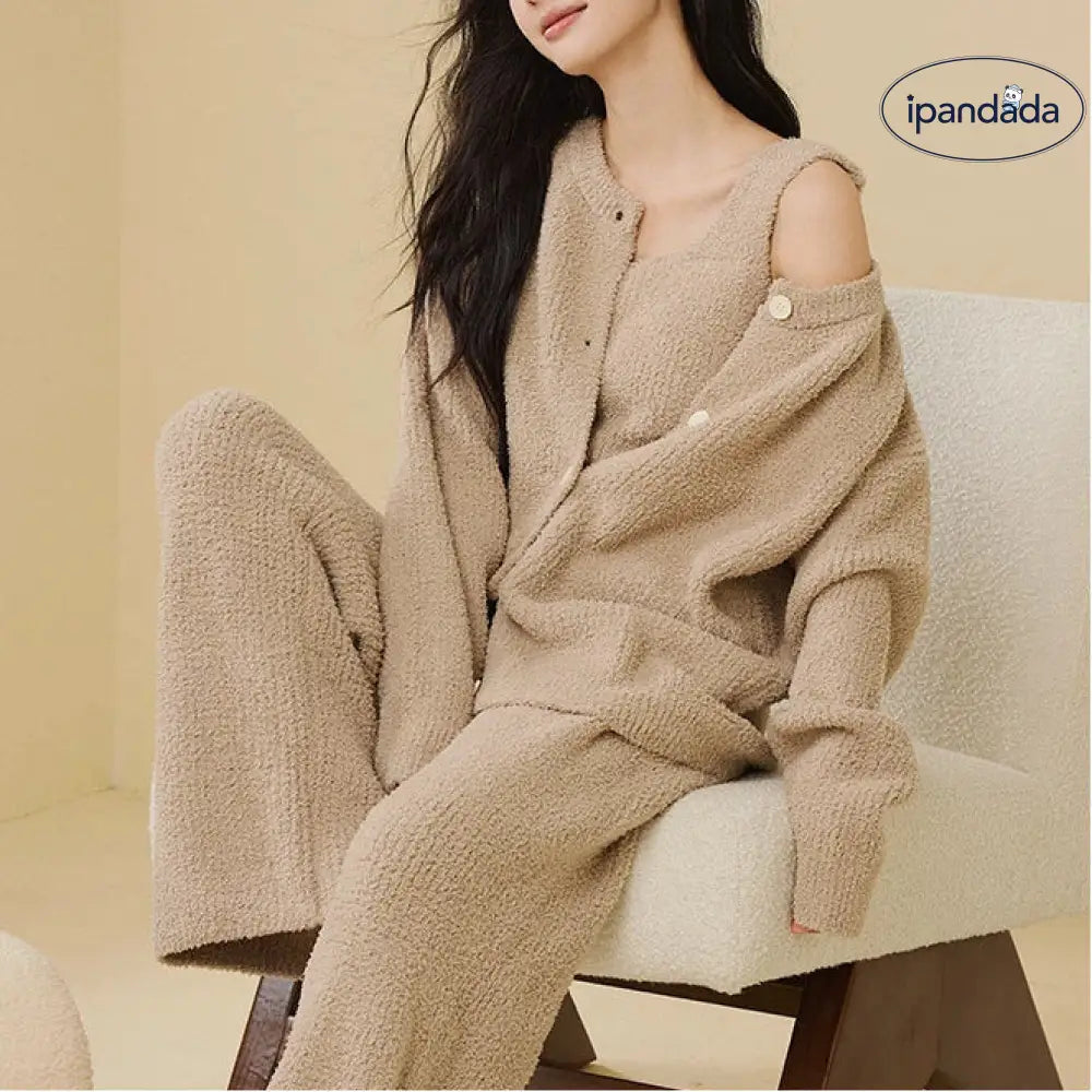 ふわふわ フリース パジャマ 女性用 秋冬 韓国風 エレガント キャミソール 2点セット 3点セット無地 シンプル ルームウェア ID2806