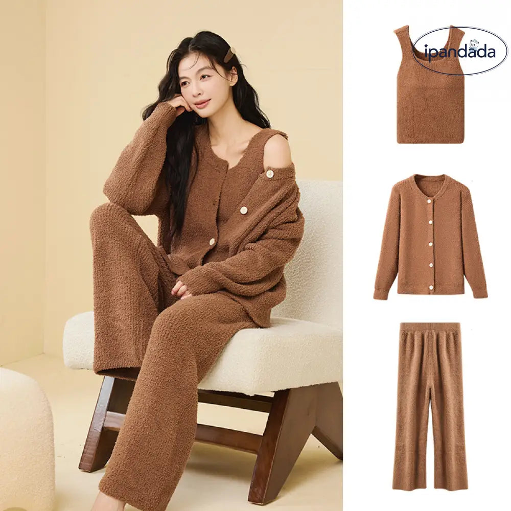 ふわふわ フリース パジャマ 女性用 秋冬 韓国風 エレガント キャミソール 2点セット 3点セット無地 シンプル ルームウェア ID2806