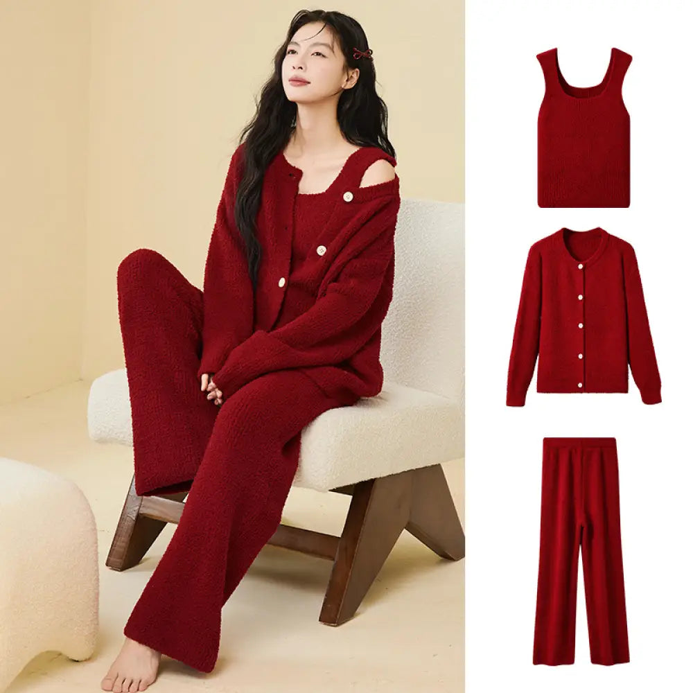ふわふわ フリース パジャマ 女性用 秋冬 韓国風 エレガント キャミソール 2点セット 3点セット無地 シンプル ルームウェア ID2806 レッド / M / 3点セット