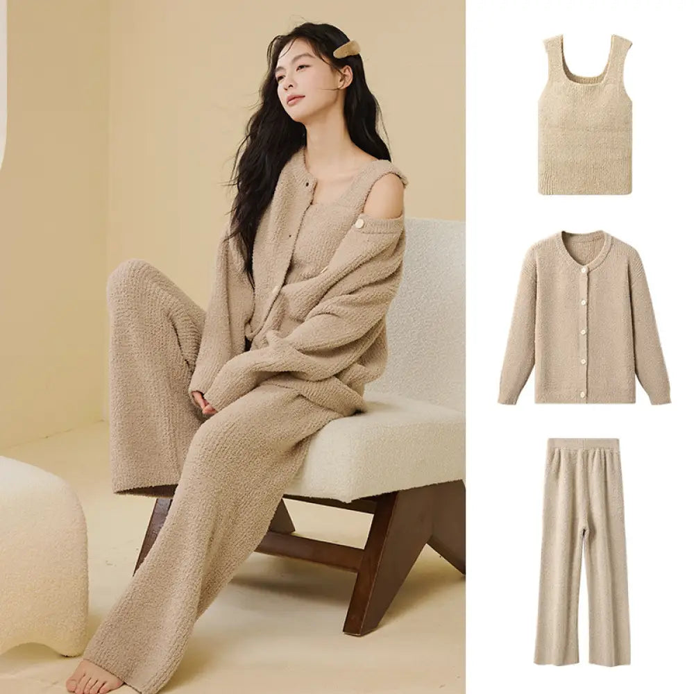 ふわふわ フリース パジャマ 女性用 秋冬 韓国風 エレガント キャミソール 2点セット 3点セット無地 シンプル ルームウェア ID2806 ベージュ / M / 3点セット