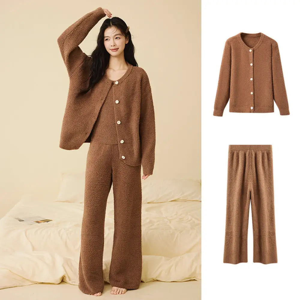 ふわふわ フリース パジャマ 女性用 秋冬 韓国風 エレガント キャミソール 2点セット 3点セット無地 シンプル ルームウェア ID2806 ブラウン / M / 2点セット