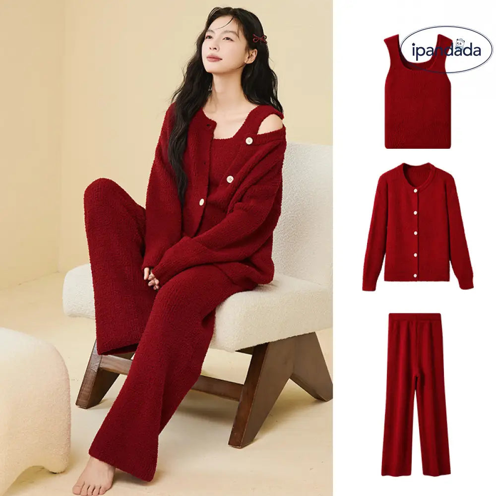 ふわふわ フリース パジャマ 女性用 秋冬 韓国風 エレガント キャミソール 2点セット 3点セット無地 シンプル ルームウェア ID2806