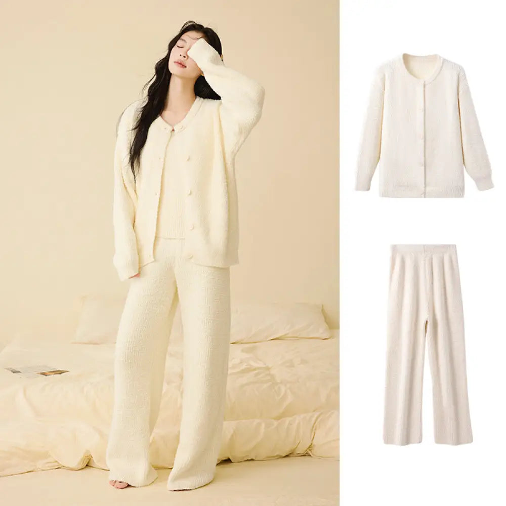 ふわふわ フリース パジャマ 女性用 秋冬 韓国風 エレガント キャミソール 2点セット 3点セット無地 シンプル ルームウェア ID2806 ホワイト / M / 2点セット