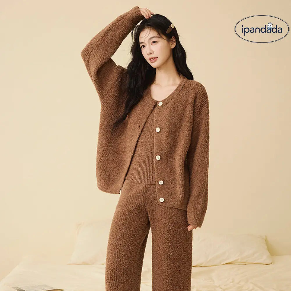 ふわふわ フリース パジャマ 女性用 秋冬 韓国風 エレガント キャミソール 2点セット 3点セット無地 シンプル ルームウェア ID2806