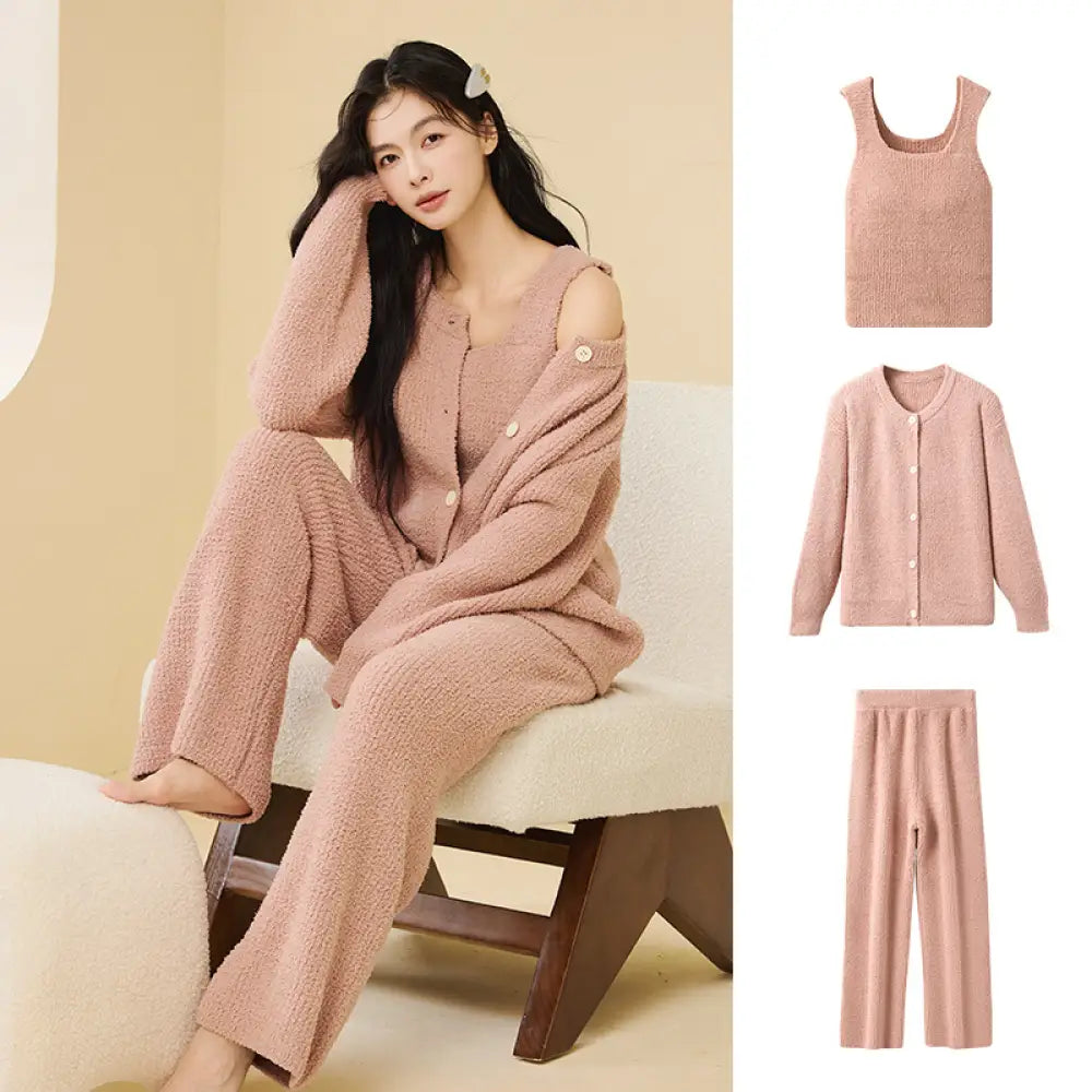 ふわふわ フリース パジャマ 女性用 秋冬 韓国風 エレガント キャミソール 2点セット 3点セット無地 シンプル ルームウェア ID2806 ピンク / M / 3点セット