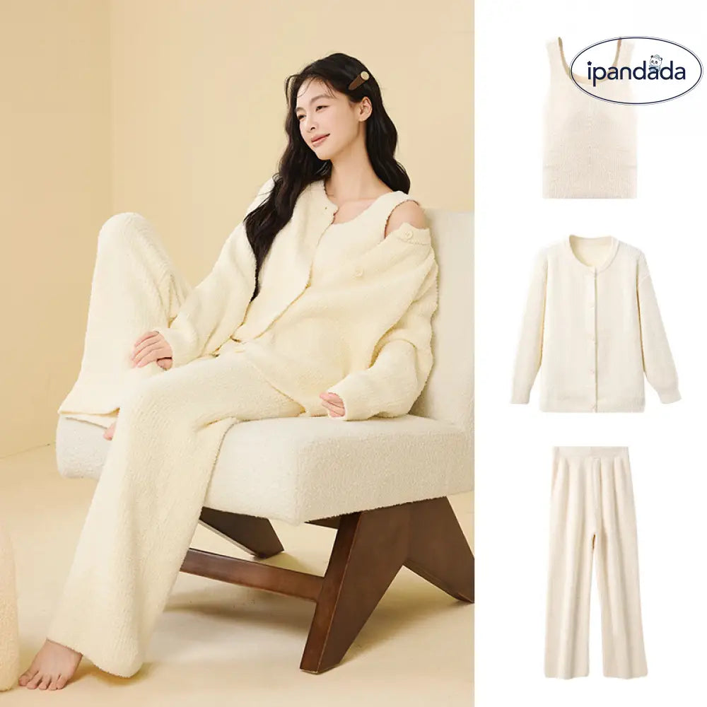 ふわふわ フリース パジャマ 女性用 秋冬 韓国風 エレガント キャミソール 2点セット 3点セット無地 シンプル ルームウェア ID2806