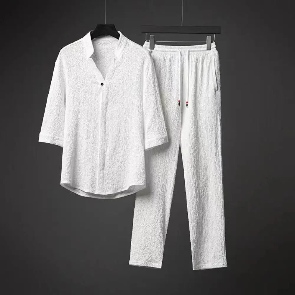 ID1762 七分袖 パジャマ メンズ 七分丈 接触冷感パジャマ セットアップ 半袖 春夏秋 柔らかく軽い 薄手の快適 七分袖Tシャツ 上下セット ルームウエア 高級紳士パジャマ 寝巻き 通気性 ホワイト / M メンズ＞セットアップ
