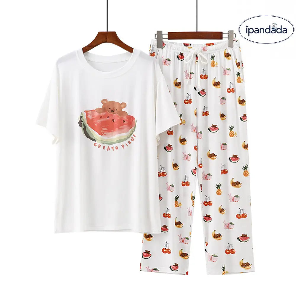 ID656 モダール パジャマ レディース 夏 半袖 八分丈パンツ フルーツ イラスト クマ 柄 スイカ バナナ ルームウェア 薄手 2点セット ゆったり 吸汗 速乾 快適 ホワイト / フリー レディース＞セットアップ