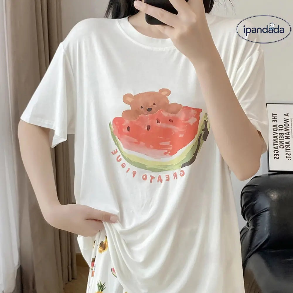 早期割引！フルーツ セール期間延長 モダール パジャマ レディース 夏 半袖 八分丈パンツ イラスト クマ 柄 スイカ バナナ ルームウェア 薄手 2点セット ゆったり 吸汗速乾 快適 ID656 レディース＞セットアップ