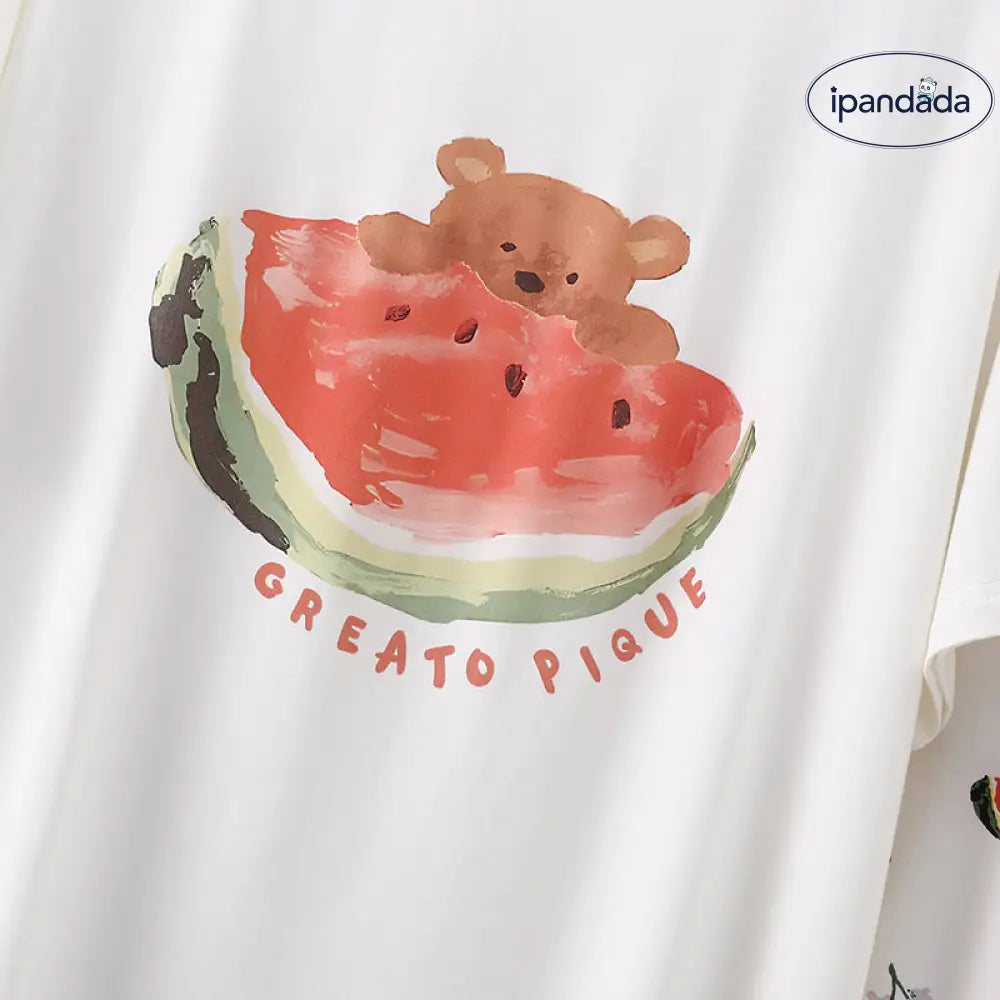 ID656 モダール パジャマ レディース 夏 半袖 八分丈パンツ フルーツ イラスト クマ 柄 スイカ バナナ ルームウェア 薄手 2点セット ゆったり 吸汗 速乾 快適 レディース＞セットアップ