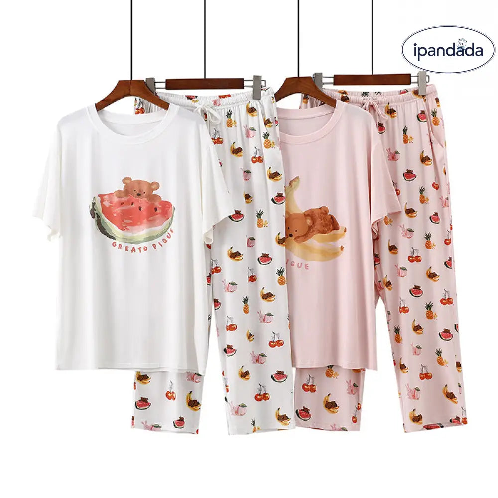 ID656 モダール パジャマ レディース 夏 半袖 八分丈パンツ フルーツ イラスト クマ 柄 スイカ バナナ ルームウェア 薄手 2点セット ゆったり 吸汗 速乾 快適 レディース＞セットアップ