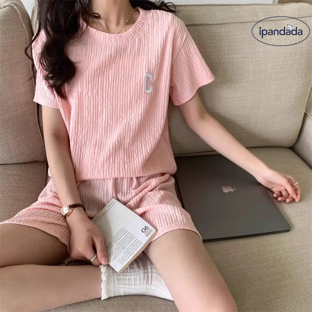 ID1704 セットアップ レディース ルームウェア セット 部屋着 tシャツ 半袖 ハーフパンツ ショート パンツ 短パン トップス ボトムス 上下セット カットソー ロゴ c クルーネック 涼しい 薄手 透け感 カジュアル 可愛い 春 夏 夏用