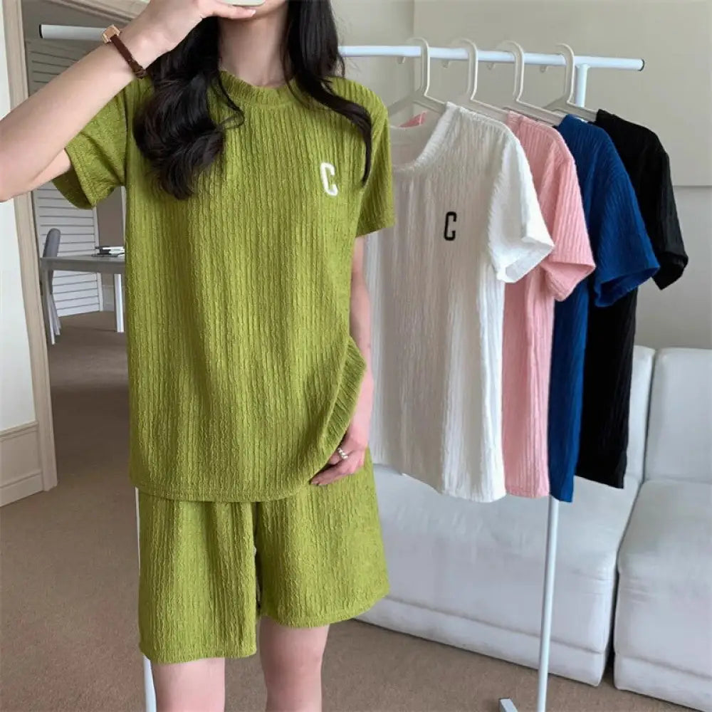 ID1704 セットアップ レディース ルームウェア セット 部屋着 tシャツ 半袖 ハーフパンツ ショート パンツ 短パン トップス ボトムス 上下セット カットソー ロゴ c クルーネック 涼しい 薄手 透け感 カジュアル 可愛い 春