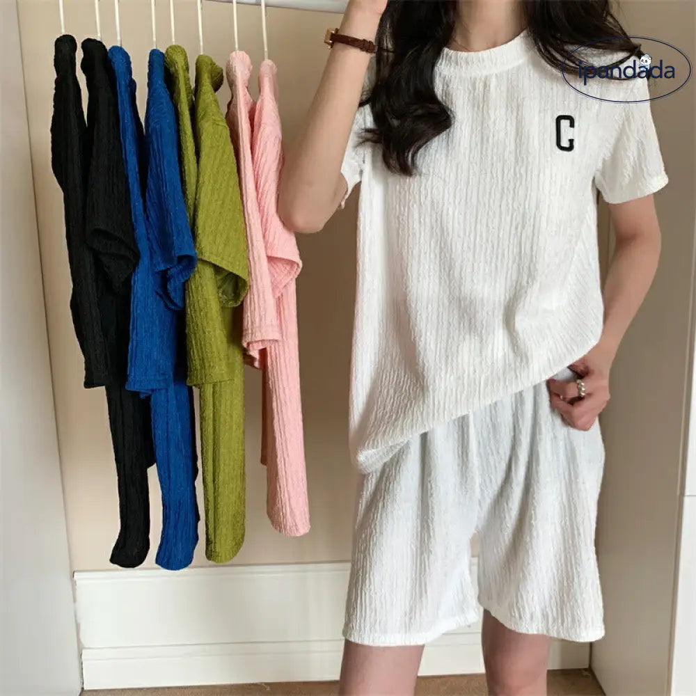 ID1704 セットアップ レディース ルームウェア セット 部屋着 tシャツ 半袖 ハーフパンツ ショート パンツ 短パン トップス ボトムス 上下セット カットソー ロゴ c クルーネック 涼しい 薄手 透け感 カジュアル 可愛い 春 夏 夏用