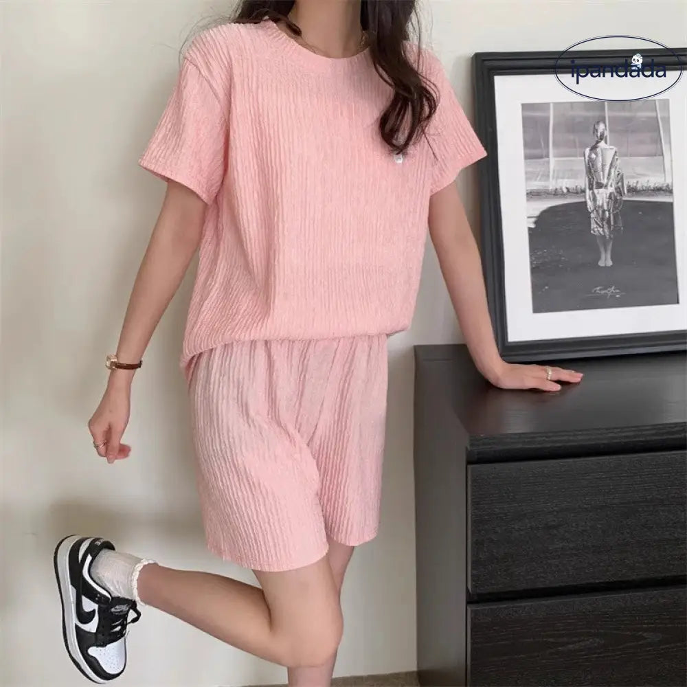 ID1704 セットアップ レディース ルームウェア セット 部屋着 tシャツ 半袖 ハーフパンツ ショート パンツ 短パン トップス ボトムス 上下セット カットソー ロゴ c クルーネック 涼しい 薄手 透け感 カジュアル 可愛い 春 夏 夏用