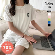 ID1704 セットアップ レディース ルームウェア セット 部屋着 tシャツ 半袖 ハーフパンツ ショート パンツ 短パン トップス ボトムス 上下セット カットソー ロゴ c クルーネック 涼しい 薄手 透け感 カジュアル 可愛い 春 夏 夏用