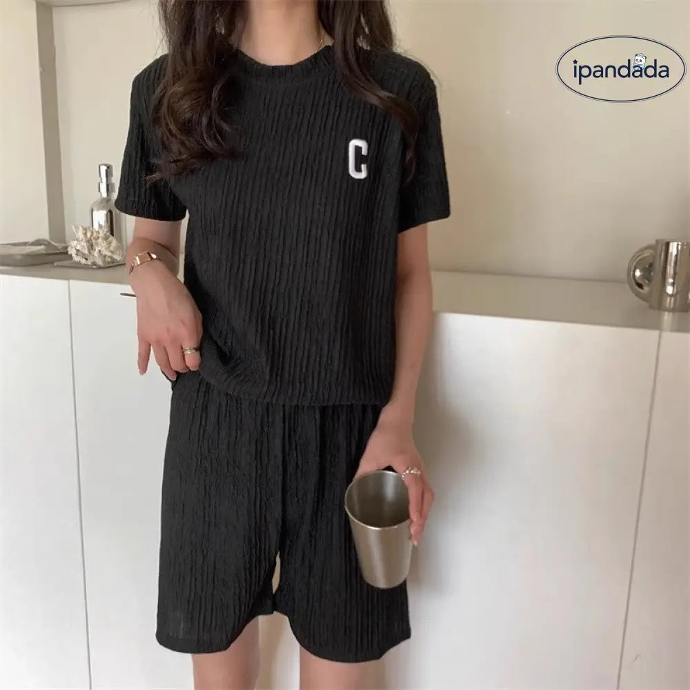 ID1704 セットアップ レディース ルームウェア セット 部屋着 tシャツ 半袖 ハーフパンツ ショート パンツ 短パン トップス ボトムス 上下セット カットソー ロゴ c クルーネック 涼しい 薄手 透け感 カジュアル 可愛い 春 夏 夏用