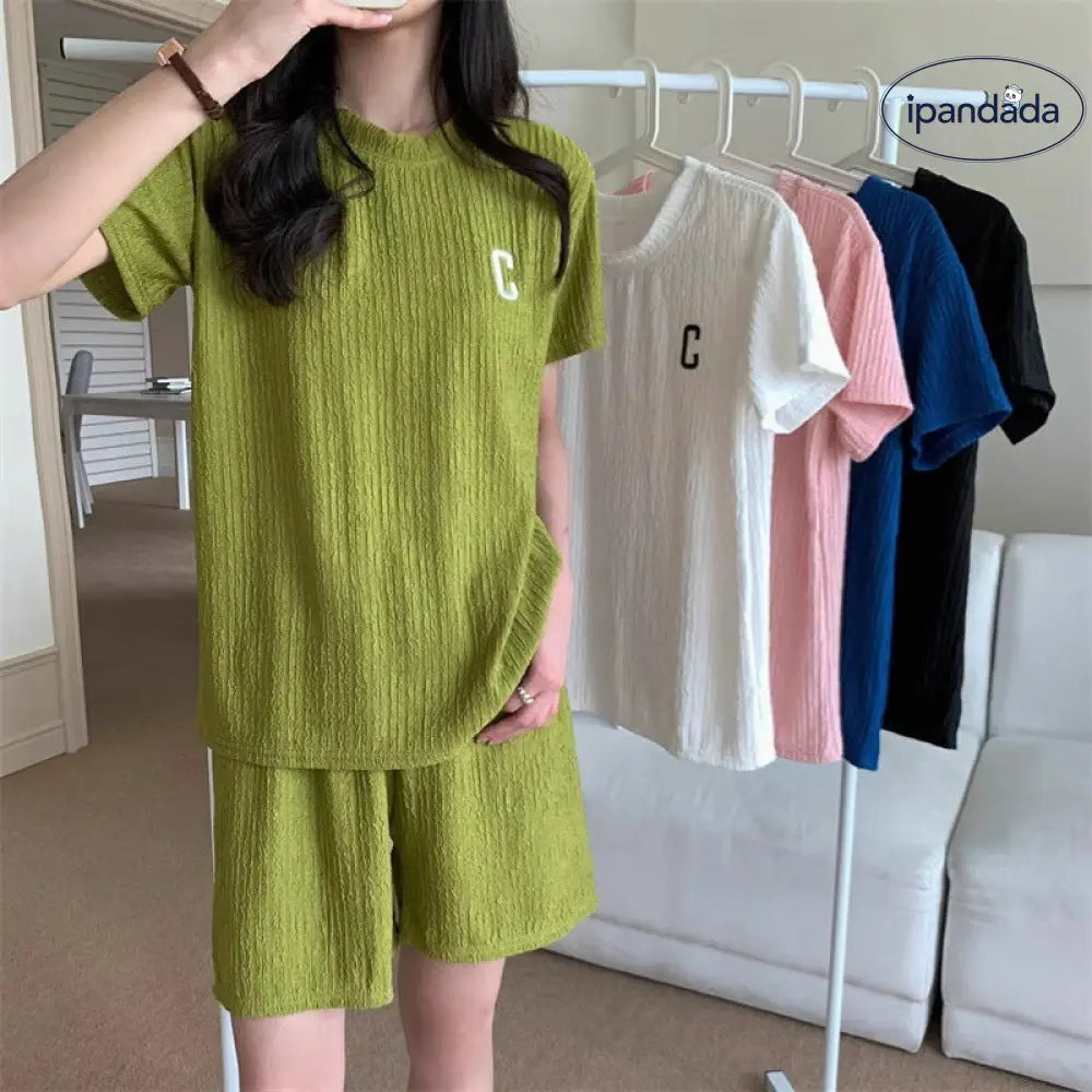 ID1704 セットアップ レディース ルームウェア セット 部屋着 tシャツ 半袖 ハーフパンツ ショート パンツ 短パン トップス ボトムス 上下セット カットソー ロゴ c クルーネック 涼しい 薄手 透け感 カジュアル 可愛い 春 夏 夏用