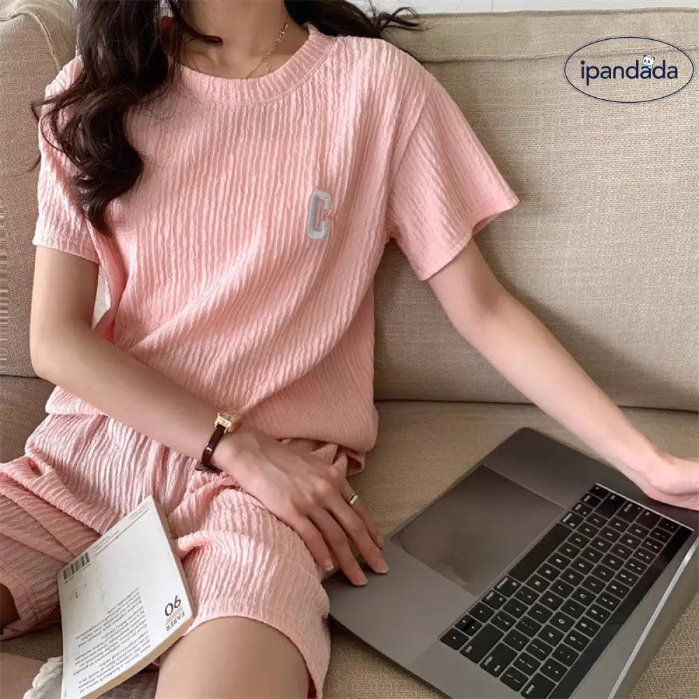 ID1704 セットアップ レディース ルームウェア セット 部屋着 tシャツ 半袖 ハーフパンツ ショート パンツ 短パン トップス ボトムス 上下セット カットソー ロゴ c クルーネック 涼しい 薄手 透け感 カジュアル 可愛い 春 夏 夏用