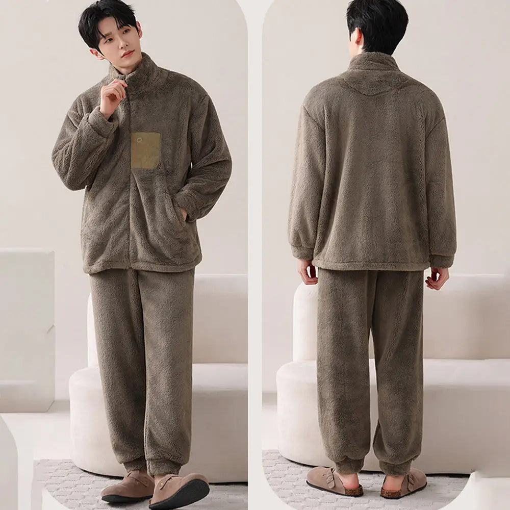 ペア ルームウェア カップル パジャマ 冬用 上下セット もこもこ フリース あったか お揃い 部屋着 可愛い 男女兼用 ふわふわ 彼氏 彼女 クリスマスプレゼント ペアギフト ホリデー限定 カップルコーデ ID3347 ブラウン/メンズ