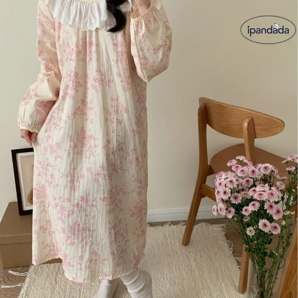 長袖 ナイトドレス レディース 春夏用 秋用 純綿 ガーゼ スウィート ガールズ パジャマ ミディアム丈 ワンピース ID2452