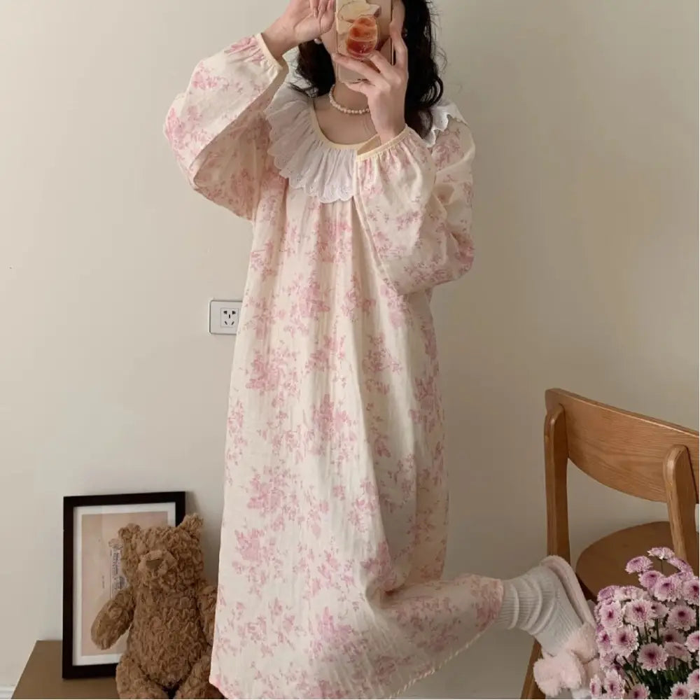 長袖 ナイトドレス レディース 春夏用 秋用 純綿 ガーゼ スウィート ガールズ パジャマ ミディアム丈 ワンピース ID2452
