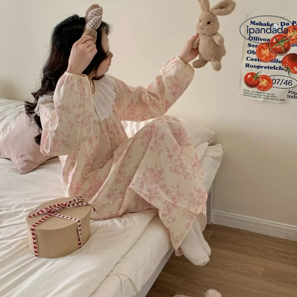 長袖 ナイトドレス レディース 春夏用 秋用 純綿 ガーゼ スウィート ガールズ パジャマ ミディアム丈 ワンピース ID2452