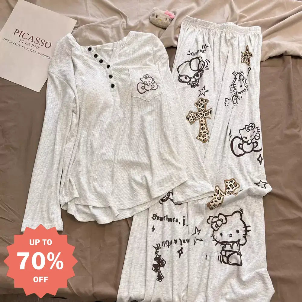 長袖 パジャマ レディース 春秋 新作 カートゥーン 柔らかい ハローキティ カジュアル ルームウェア セットアップ かわいい 可愛い おしゃれ ID4346 タイプ① / M レディース＞セットアップ