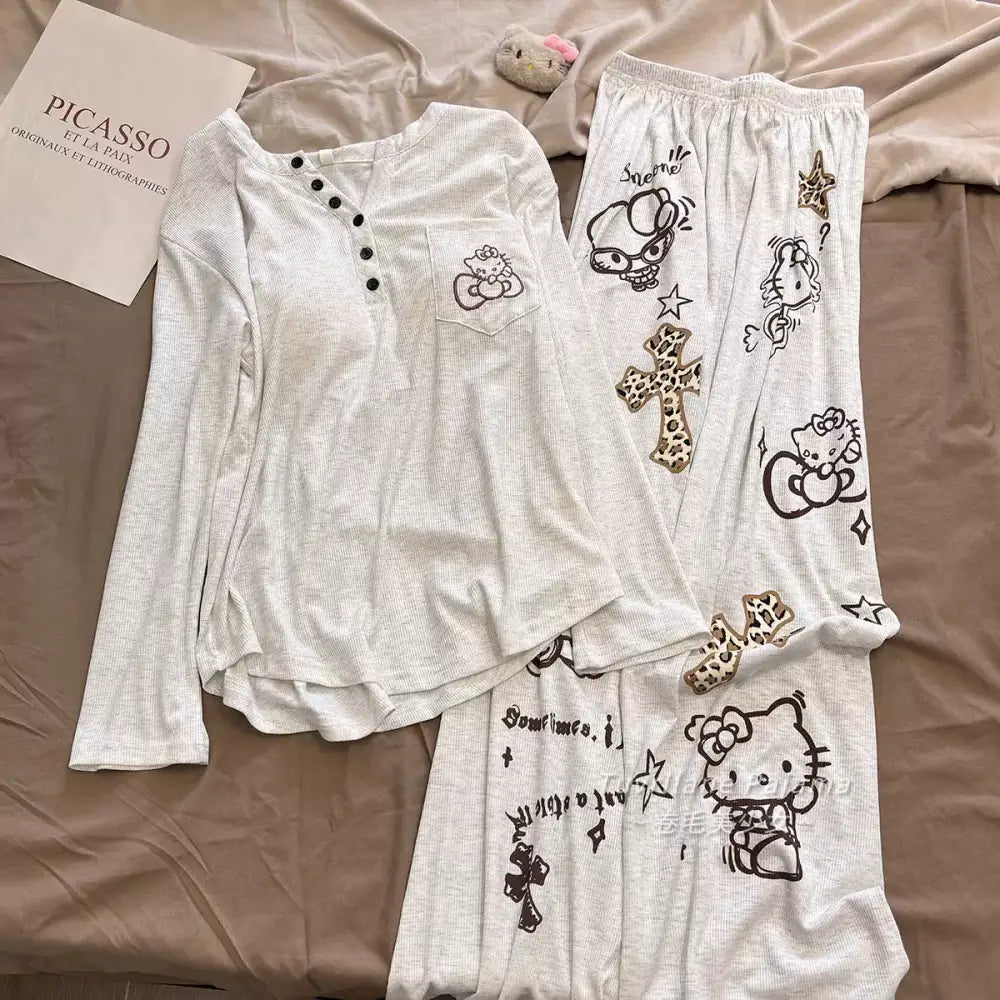 長袖 パジャマ レディース 春秋 新作 カートゥーン ハローキティ カジュアル ルームウェア ID4346 タイプ① / M