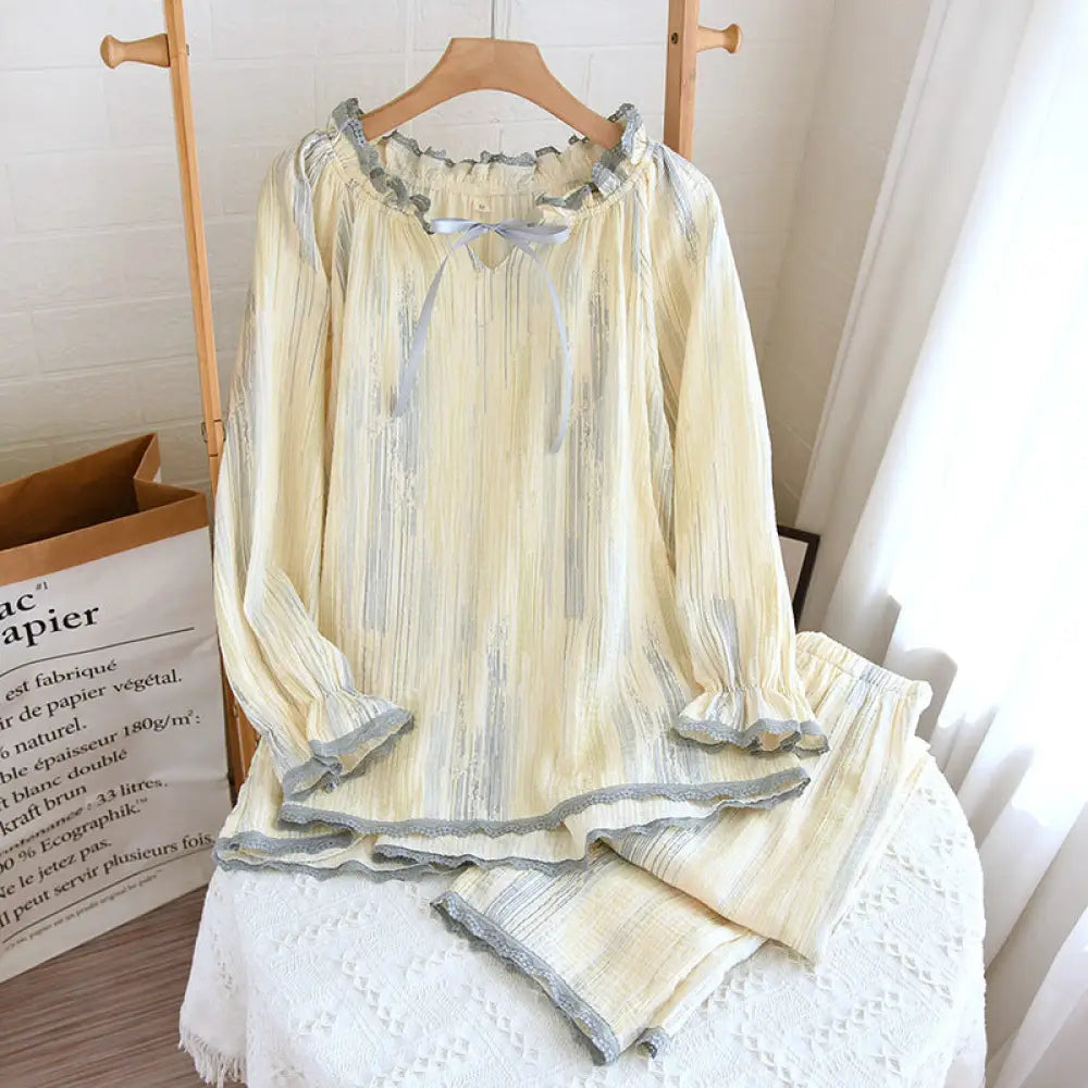 長袖 パジャマ レディース セット シンプル フリル襟 全棉 シワ布 ダブルガーゼ ハウスウェア 部屋着 ゆったり ID2001
