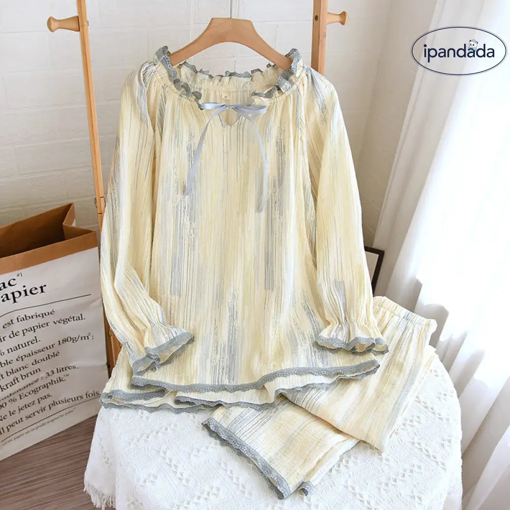 長袖 パジャマ レディース セット シンプル フリル襟 全棉 シワ布 ダブルガーゼ ハウスウェア 部屋着 ゆったり ID2001