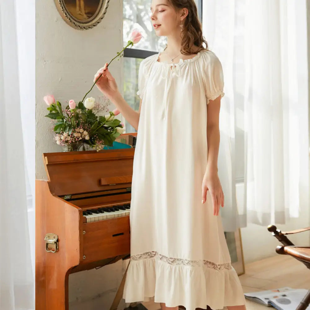 ID2296 長袖 パジャマ ワンピース 女性 春 長いスカート かわいい 宮廷風 乙女スタイル 秋 長袖 ロング ゆったり 大きいサイズ ルームウェア コットン ホワイト / S / 半袖