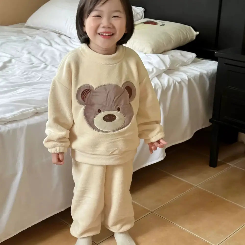 長袖パジャマ 子供服 キッズ 女の子 男の子 パジャマ 点セット セットアップ ルームウェア 部屋着 もこもこ ベージュ【ステンレスボウル】 / 90cm ベビー＆キッズ＞キッズ