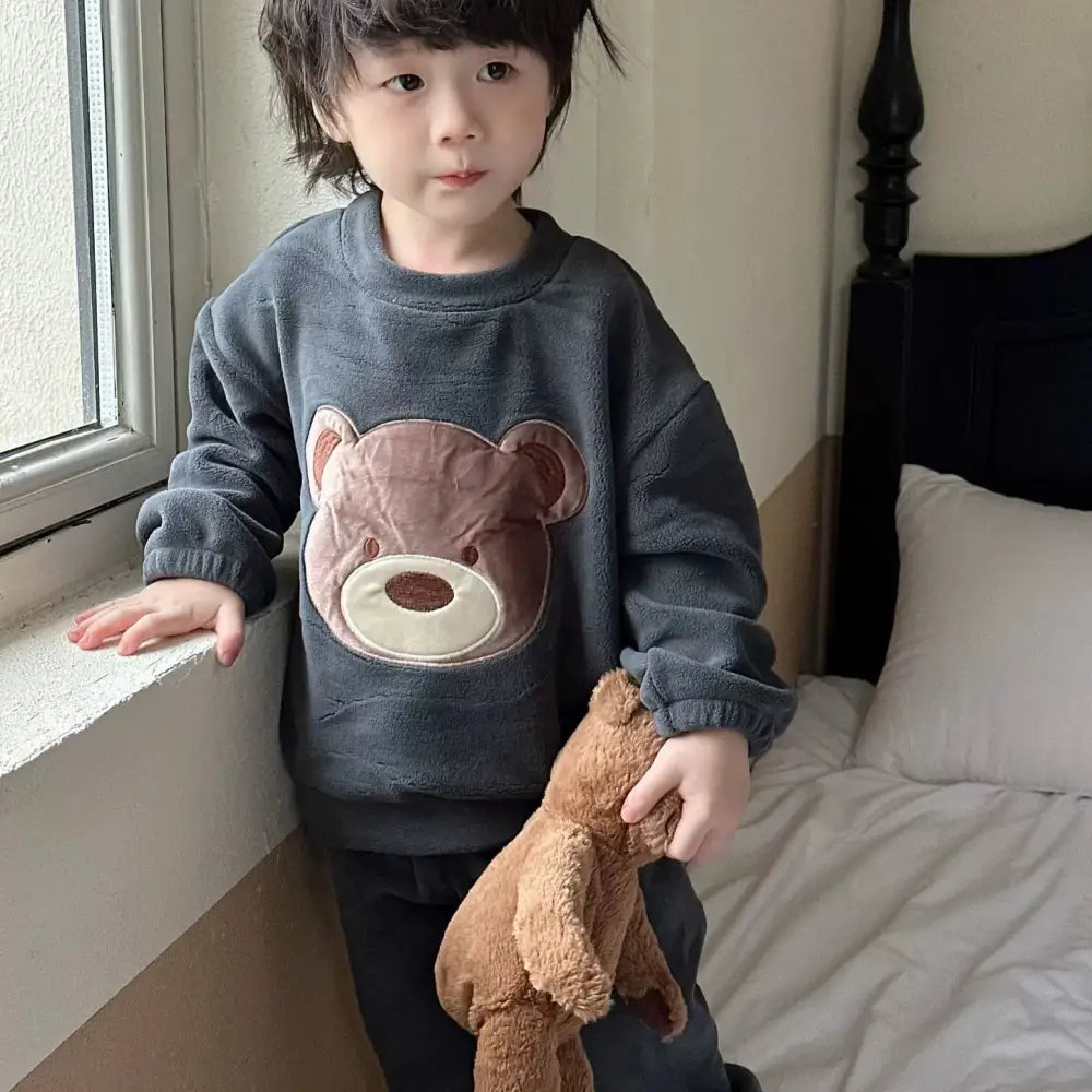 長袖パジャマ 子供服 キッズ 女の子 男の子 パジャマ 点セット セットアップ ルームウェア 部屋着 もこもこ グレー【ステンレスボウル】 / 90cm ベビー＆キッズ＞キッズ