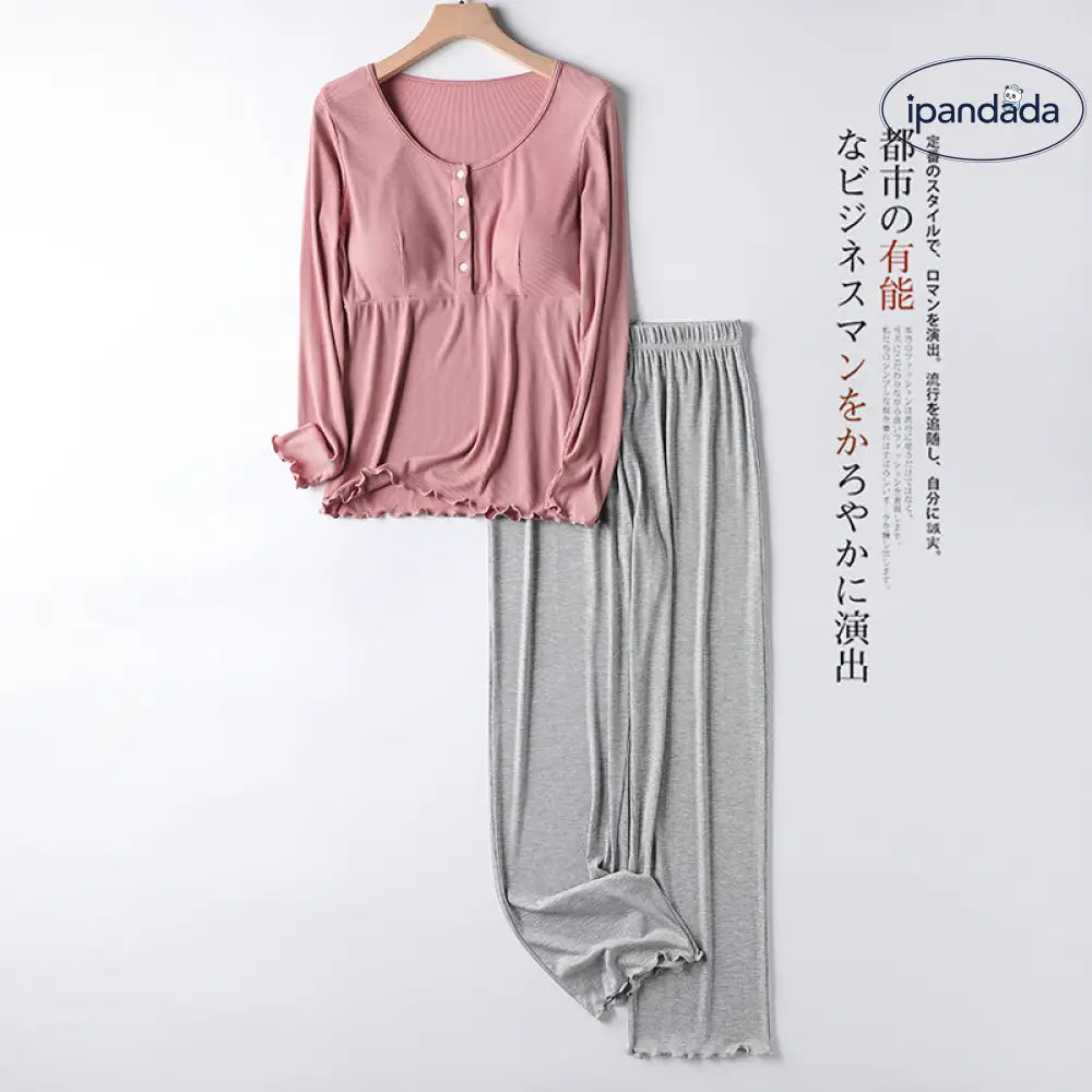 ID669 マタニティ パジャマセット 長袖 ロングパンツ 授乳 対応 産後 ケア 春夏秋 着用 おしゃれ ママ ルームウェア 外出 可 ゆったり オーガニックコットン 2点セット ピンク + グレー / M マタニティ＞マタニティウェア