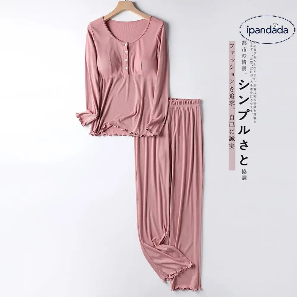 ID669 マタニティ パジャマセット 長袖 ロングパンツ 授乳 対応 産後 ケア 春夏秋 着用 おしゃれ ママ ルームウェア 外出 可 ゆったり オーガニックコットン 2点セット ピンク / M マタニティ＞マタニティウェア