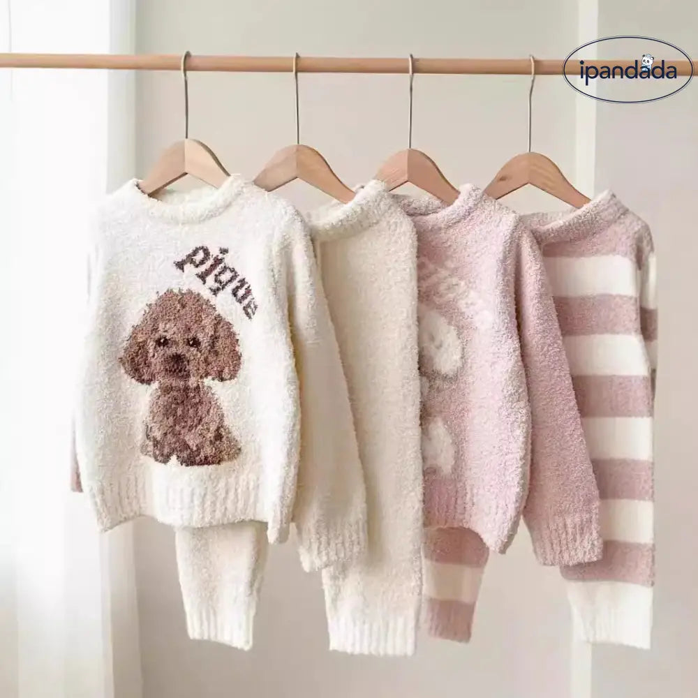 秋冬 新作 親子 ふわふわ フリース 子供 カートゥーン テディ ルームウェア パジャマ セット 保温 ID2683
