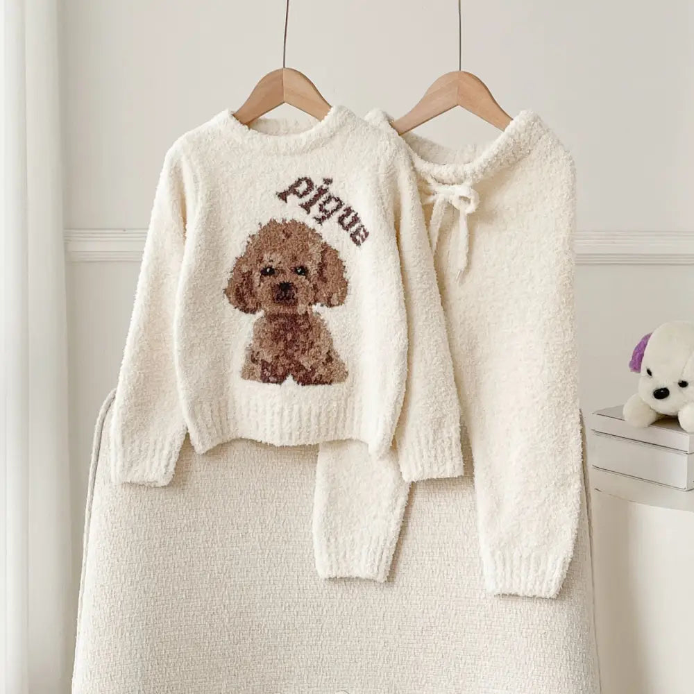 秋冬 新作 親子 ふわふわ フリース 子供 カートゥーン テディ ルームウェア パジャマ セット 保温 ID2683 ホワイト / XS