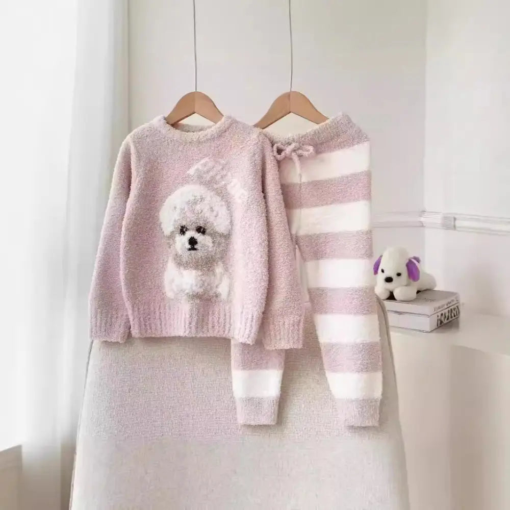 秋冬 新作 親子 ふわふわ フリース 子供 カートゥーン テディ ルームウェア パジャマ セット 保温 ID2683 ピンク / XS